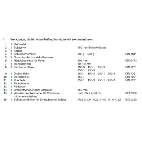 Werkzeuge laut PAL-Bereitstellungsliste