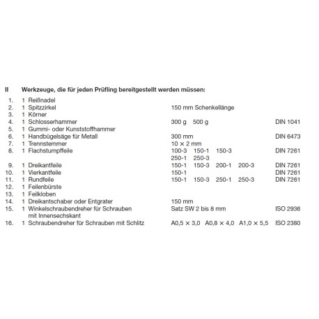Werkzeuge laut PAL-Bereitstellungsliste