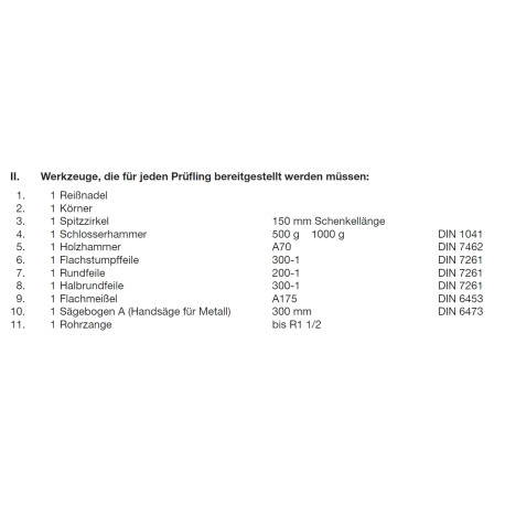 Werkzeuge laut PAL-Bereitstellungsunterlagen