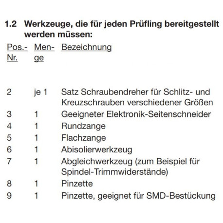 Diverse Werkzeuge laut PAL-Bereitstellungsunterlagen