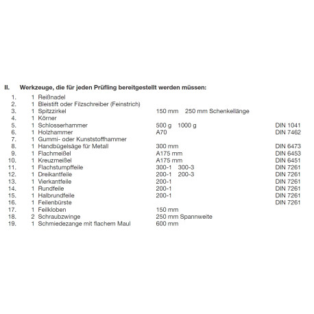 Werkzeuge laut PAL-Bereitstellungsunterlagen