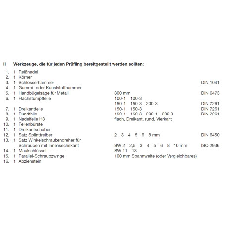 Werkzeuge laut PAL-Bereitstellungsunterlagen (PAL-Pos. II/6-11)