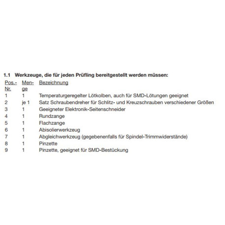 Werkzeuge laut PAL-Bereitstellungsunterlagen Seite 4 ohne Bleistift